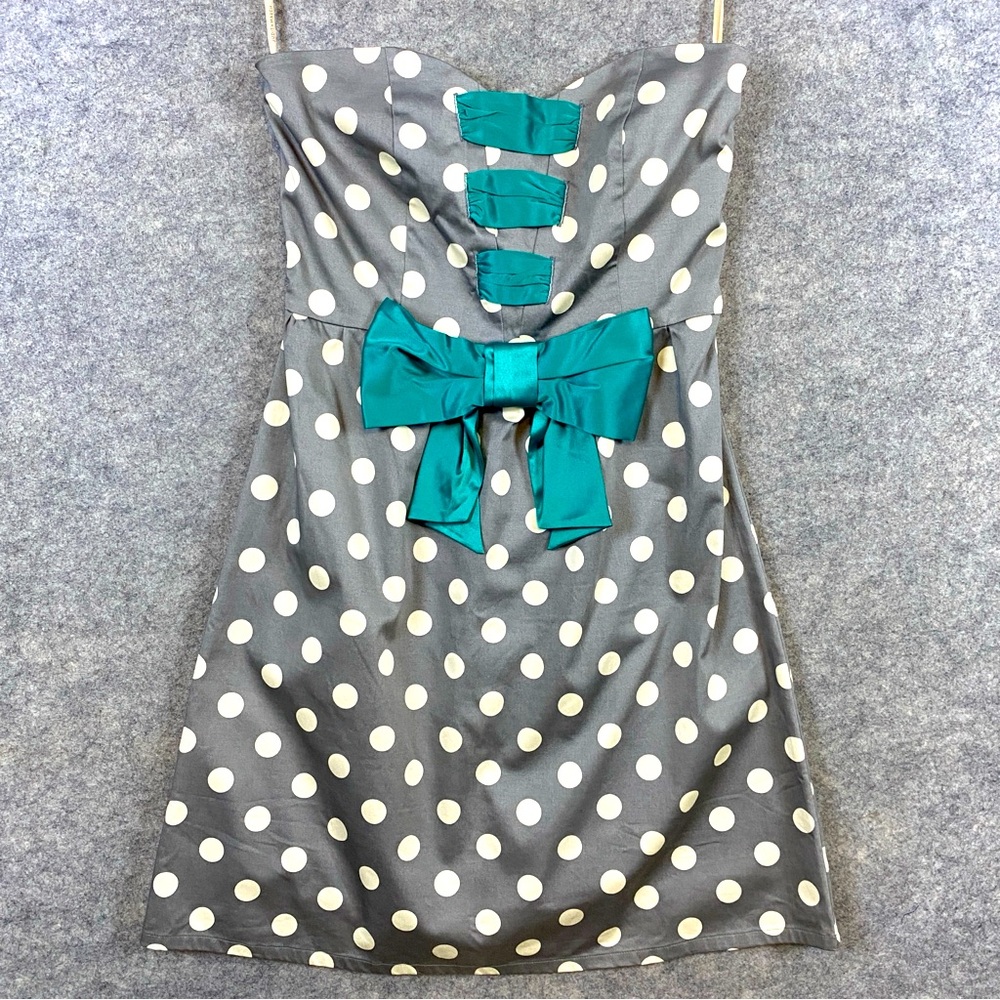 Judith March Sleeveless Dress Size Large Gray White‎ Polka Dot Bow Front Mini